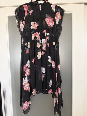 Ulla Johnson Black Floral Midi Dress with Pink and Yellow Blossoms
